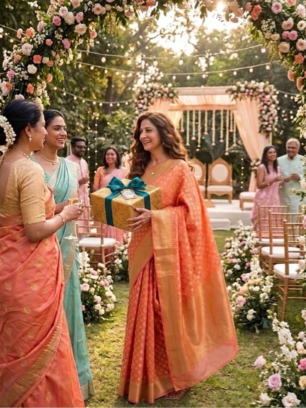 Elegant Coral-Orange Silk Saree with Gold Border